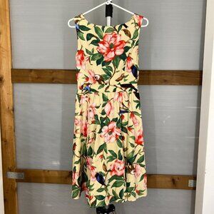 OWIN Tropical Flower Bird Print Sleeveless A-Line‎ Midi Summer Dress Sz M